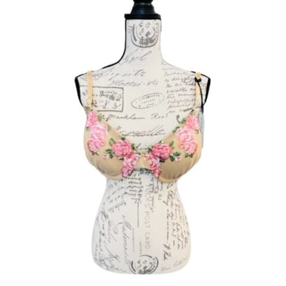 M. VIE INTIMATES Padded Bra Size 38D Beige Mesh Floral Embroidery New with Bag - Picture 4 of 10